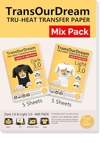 TransOurDream Iron on Heat Transfer Paper for Dark and Light T Shirts (Mixed Pack, 5+5 Sheets, 8.5x11) Printable HTV Heat Transfers Vinyl for LaserJet & Inkjet Printers (D3L3) - color: Mix, size: 10 Sheets