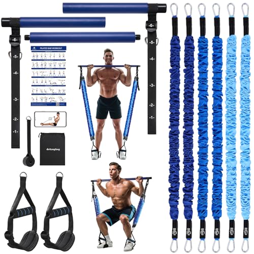 Upgraded Pilates Bar Kit with Resistance Bands Natural Latex for Women & Men, Heavy-Duty Stainless Steel Multifunctional Yoga Pilates Stick for Home Gym Exercise Fitness Equipment Full-Body Workouts - color: Blue