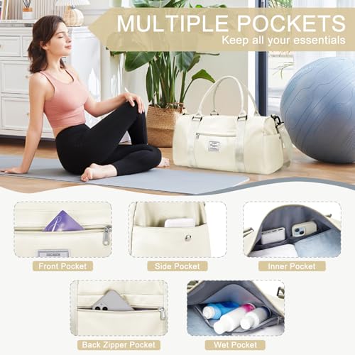 Gym Bag for Women Men with Shoes Compartment and Wet Pocket,Sport Swimming Yoga Bag,Waterproof Travel Duffel Bag Small Carry on Bag Overnight Weekender Bags Personal Item Bag for Airlines Cream White - color: A15-Cream White
