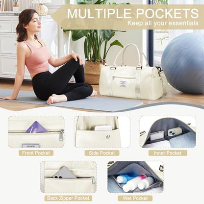 Gym Bag Womens with Shoes Compartment Travel Duffel Bag Cream White - color: B15-Off White+Toiletry Bag