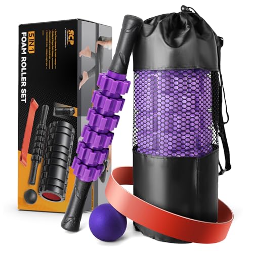 SUBCULTUREPICK 5 in 1 Foam Roller Set for Deep Tissue Muscle Massage | High Density Trigger Point Fitness Patented Exercise Roller, Muscle Stick, Massage Ball, Stretching Strap, for Whole Body - color: Purple