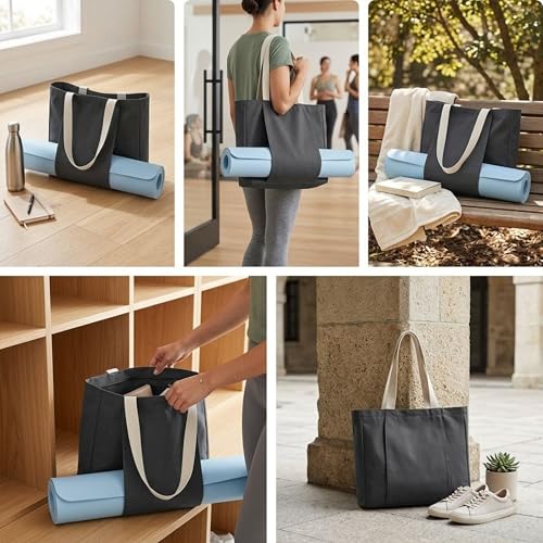Large Canvas Yoga Tote Bag with Yoga Mats Bags Carrier Eco Friendly Cotton Shoulder Bag for Pilates, Gym, Beach, Groceries & Travel YG13