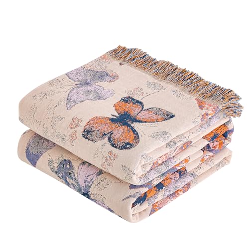 VANJOROY Boho Throw Blanket, 100% Organic Cotton Breathable Ultra Soft 50" x 60" Bed Quilt Throw - All Season Floral Rustic Farmhouse Decor Luxury Reversible Blanket for Sofa Couch Chair and Gift - color: G-boho-floral, size: Throw (50" X 60")