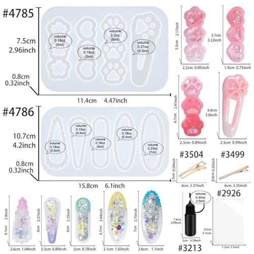 Hair Clips Resin Shaker Molds Set Barrette Pack of 12 Epoxy Silicone Trays Precision Tip Applicator Bottle Kit Bundle - color: Hair Clips Craft Pack of 12