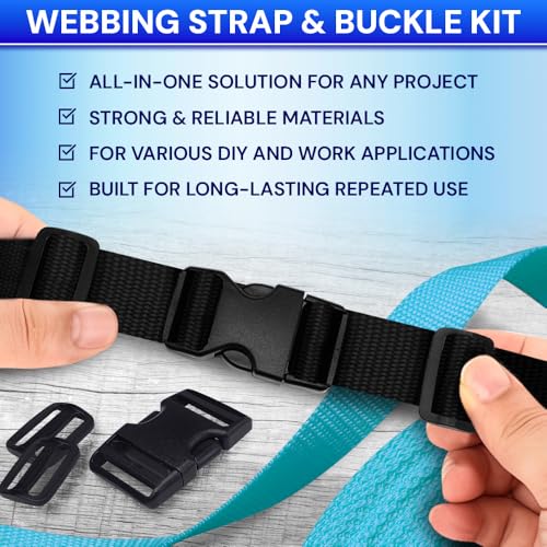 TECEUM 2" Nylon Strap Kit with Buckles, Black 6 yards Repair Set | Heavy duty hardware kit: 6yd webbing, 6 quick release buckles, 12 tri-glide slide clips, 6 metal D-rings for crafting. - color: Black, size: 2" - 6 yards, style: 6 Buckle - 12 Slides - 6 D