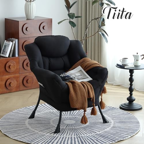 Tiita Lazy Chair, Black Modern Large Accent Armchair, Comfy Leisure Sofa Reading Chair for Bedroom, Living Room, Dorm Rooms, Garden and Courtyard, Black - color: Peach Skin Black-single