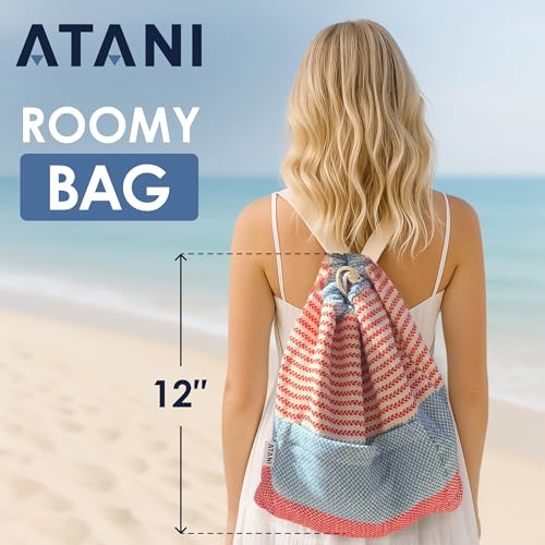 ATANI Turkish Beach Towel, Converts to a Bag, Oversized 100% Cotton Bath Towels Lightweight Quick-Dry Beach Blanket for Travel, Picnic, Camping, Yoga and Pool (Red x Navy Blue, 71 inc x 39 inc) - color: Red X Navy Blue, size: 71 inc x 39 inc
