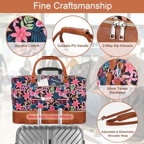 ITIEZY Weekender Bag for Women 21.5" Travel Duffel Large Carry On Bag 3PCS | Nylon Duffel Bag with Waterproof Shoe Compartment, Crossbody Bag and Toiletry Bag, Travel Weekend Hospital Overnight Gym Bag - color: 9-Black Fower