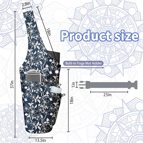 Yoga Bag for Women, Large Yoga Mat Bag Tote Carrier with Wet Dry Pocket | Water Bottle Holder & Adjustable Strap, Fits 1/2" Thick Yoga Mat for Gym, Pilates, Travel, Work - color: Blue Flower-2