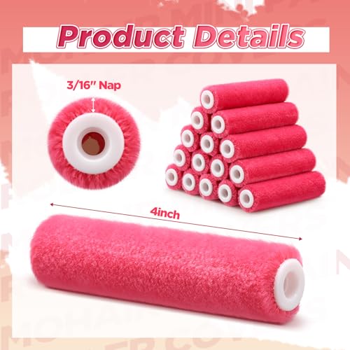 Leumoi 24 Pcs 4 Inch Mohair Paint Roller Covers 3/16" mini Shedding Resistant Small Painting Rollers Fits All Flat Surface Kitchen Cabinets, Doors, Tables, Works with All Paints and Stain (Pink) - color: Pink