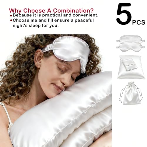 5Pcs Silky Sleep Mask Eye Masks Breathable Soft Satin Pillowcases Set for Sleeping Similar to Silk Pillowcase Travel Gift - color: White-queen Size