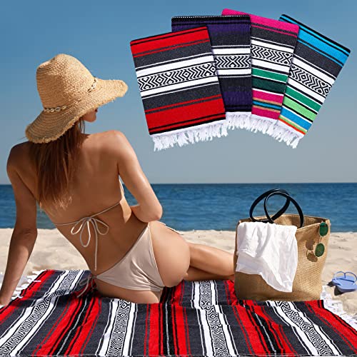 Oudain 4 Pcs Mexican Blankets Bulk Handwoven Mexican Yoga Blanket Towel Colorful Falsa Serape Woven Throw Blanket Boho Beach Blankets for Outdoor Camping Beach Picnic Travel Home(Red) - color: Red
