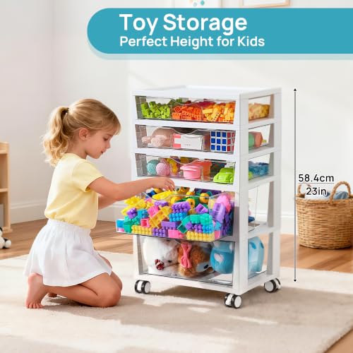 Vtopmart 5-Tier Plastic Drawer Storage Rolling Cart with Wheels | Clear Drawers with Multiple Sizes Keep Supplies visible. Sturdy for Under Desk, Office, Makeup , Crafts & Art Storage - style: 5 Tier 5 Drawers