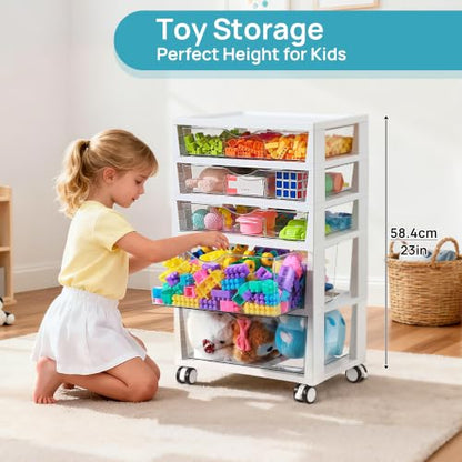 Vtopmart 5-Tier Plastic Drawer Storage Rolling Cart with Wheels | Clear Drawers with Multiple Sizes Keep Supplies visible. Sturdy for Under Desk, Office, Makeup , Crafts & Art Storage - style: 5 Tier 5 Drawers