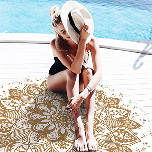 Oversized Round Gold Yellow Mandala Beach Towel Blanket, Microfiber Soft Sand Free Large Water Absorbent Beach Blanket for Women Circle Swim Pool Towel Meditation Table Rug with Tassels 60 inch - color: Yellow Golden Beige Mandala