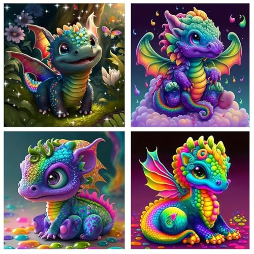 4 Pack Cute Dragon DIY Diamond Painting Kits for Adults,5D Full Round Diamond Mosaic Emboridery,Fantasy Animal Diamond Art Kits,Diamond dots,Home Decor Wall Art,11.81X11.81 inch - color: FQTG3001