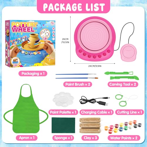 Weilim Pottery Wheel for Kids Beginners, Air-Dry Clay & Paint Kit Ages 6-12 | 3 Clay Packs, 14 Paint Colors, Sculpting Tools, Brushes, Palette,Apron; Gentle Beginner Spin, USB Rechargeable, No Oven - color: Pink