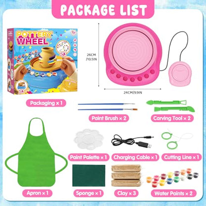 Weilim Pottery Wheel for Kids Beginners, Air-Dry Clay & Paint Kit Ages 6-12 | 3 Clay Packs, 14 Paint Colors, Sculpting Tools, Brushes, Palette,Apron; Gentle Beginner Spin, USB Rechargeable, No Oven - color: Pink