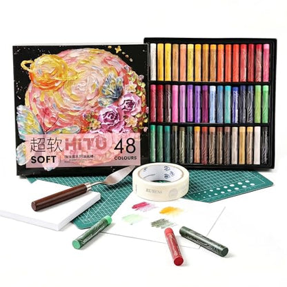 rubens 81 PCS Soft Oil Pastels Kit for Beginner Drawing | 48 Colors Soft Oil Pastels in Box with Palette Knife, Base Board, Tape, 30 Sheets Oil Pastel Paper - color: 48 Colors Set