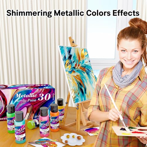Metallic Acrylic Paint Set of Premium 30 Colors, Professional Metallic Paint with 2 fl oz（60ml） Bottles