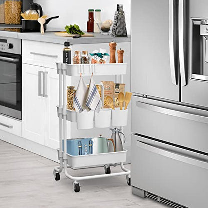 CAXXA 3-Tier Rolling Storage Organizer with 3 Small Baskets - Mobile Utility Cart with Caster Wheels (White)