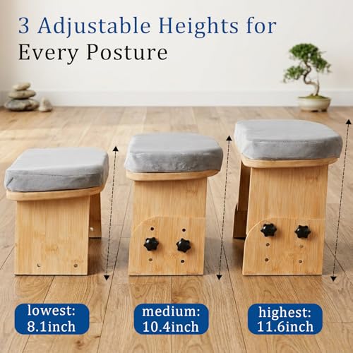 Adjustable Meditation Bench with Cushion, Portable Folding Bamboo Meditation Stool, Ergonomic Kneeling Stool Chair, Portable Yoga Bench Seiza Prayer Bench with Carry Bag & Non-Slip Pads