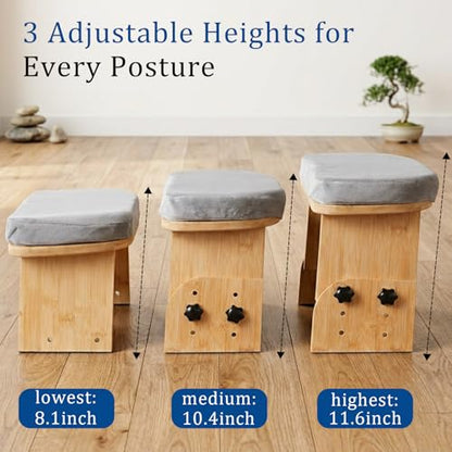 Adjustable Meditation Bench with Cushion, Portable Folding Bamboo Meditation Stool, Ergonomic Kneeling Stool Chair, Portable Yoga Bench Seiza Prayer Bench with Carry Bag & Non-Slip Pads