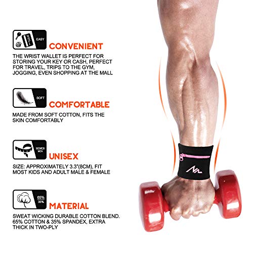 NEWZILL Wrist Wallet Wristband with Zipper - Cotton Sweatbands for Men & Women, Ideal for Running, Walking, Basketball, Football, Tennis, Hiking - color: Black/Pink, style: Small-1PCS