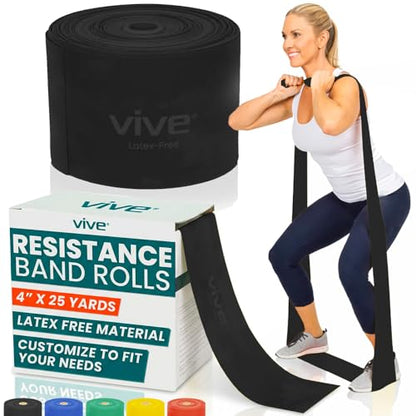 Vive Professional Resistance Bands - 25 Yard Non-Latex Roll for Physical Therapy, Lower and Upper Body Exercise Workout - Straight Elastic for Strength Training, Rehabilitation, Women, Men - color: Black