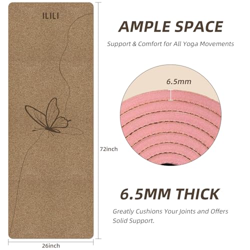 ILILI Cork Yoga Mat Eco-Friendly 1/4 Inch Thick | 72"×26" Natural Cork TPE Exercise Mat, 2 lbs Lightweight Non Slip Mat for Hot Yoga and Gym Workout, Carry Strap - color: Cork+Pink