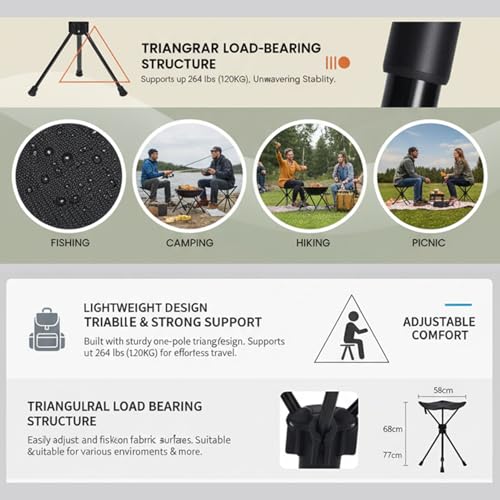 Rosvola Portable Folding Stool, One Leg Adjustable Stool, Retractable Hiking Chair, 3 Gear Height Adjustable, Camping Folding Stool for Camping Outdoor Barbecue Fishing
