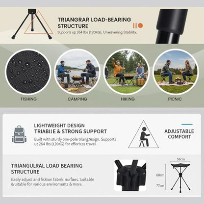 Rosvola Portable Folding Stool, One Leg Adjustable Stool, Retractable Hiking Chair, 3 Gear Height Adjustable, Camping Folding Stool for Camping Outdoor Barbecue Fishing