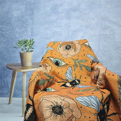 JQZ Bohemian Throw Blanket, Woven Cotton with Fringe, for Sofa, Bed, Picnic, Outdoor Camping (Bees and Flowers) - color: Bees and Flowers