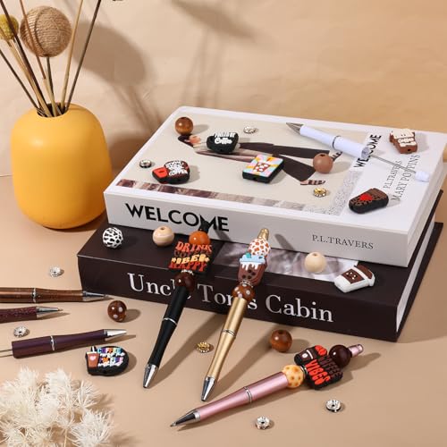12 Pieces Beadable Pens Bulk Kit,Ballpoint Pens with Crystal Wood Round Spacer Set,Office Supplies, Office Accessories & Craft Gifts for DIY Pen Making Kit Smooth Writing(Coffee) - color: Coffee Brown