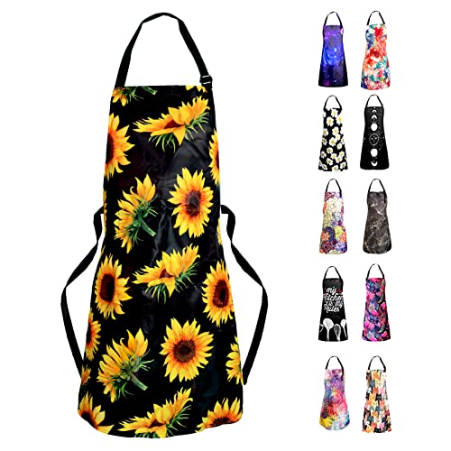 Adjustable Waterproof Apron Bib Apron with 2 Pockets Cooking Kitchen Aprons for Women Men Chef - color: Sunflowers
