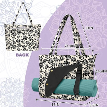 Yoga Bag for Women, Large Canvas Yoga Mat Tote Bag with Yoga Mat Carrier - color: Black Flowers
