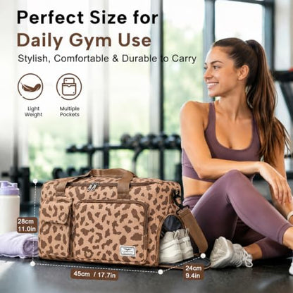 FIORETTO Women's Gym Duffle Bag with Shoes Compartment, 30L Capacity, Ideal for Travel, Gym, Sports, Duffel, Weekender - color: Leopard Brown, style: Gym Bag