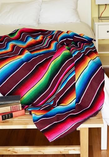 Del Mex Mexican Serape Blanket (X-Large, Burgundy) - color: Burgundy, size: X-Large