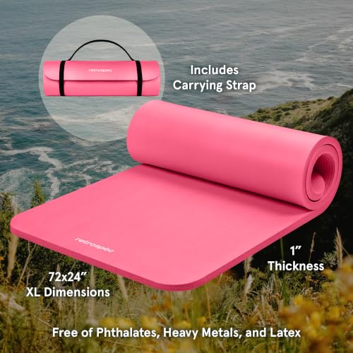 Retrospec Solana Yoga Mat 1" Thick w/Nylon Strap for Men & Women - Non Slip Exercise Mat for Home Yoga, Pilates, Stretching, Floor & Fitness Workouts - color: Pink Dahlia