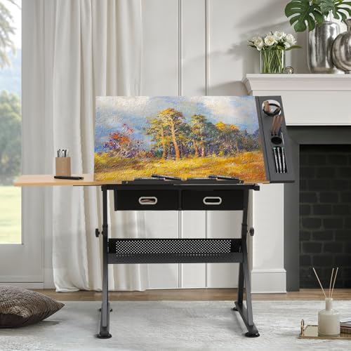 39‘’ Adjustable Drafting Table & Stool Set with Storage, Natural | Versatile Art Desk and Craft Center Home Study Room Artist Desk - color: Natural/Black