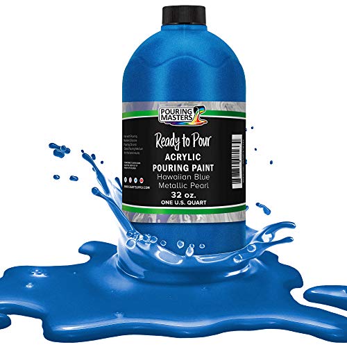 Pouring Masters Hawaiian Blue Metallic Pearl Ready to Pour Acrylic Pouring Paint - Premium 32-Ounce Pre-Mixed Fluid Acrylic Paint - Fluid Art Supplies for Canvas, Wood, Paper, Tile & Rocks | Ready to Pour, Premium Pre-Mixed Fluid Acrylic Paint - Fluid Art