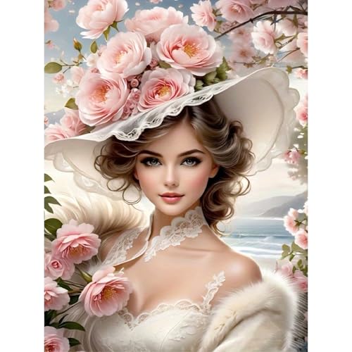 Lady in Flower Hat Diamond Art Painting Kits for Adults,Full Drill Diamond Dots Paintings for Beginners,Flower Round 5D Paint with Diamonds Pictures Gem Art Painting Kits DIY Crafts Kits 12x16inch - color: Lady in Flower Hat
