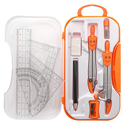 Maths Compasses for Geometry Student Drafting Compass Set Starter Kit with Protractor, Set Squares with Case for School Maths Study, Orange
