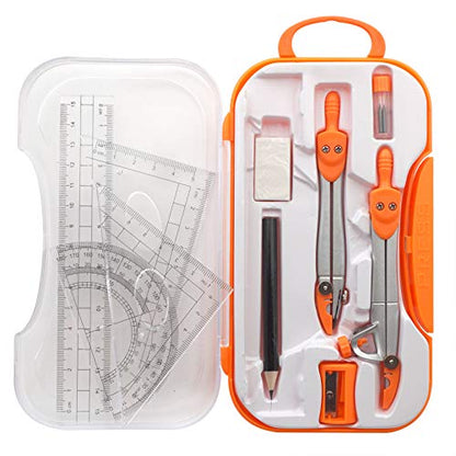 Maths Compasses for Geometry Student Drafting Compass Set Starter Kit with Protractor, Set Squares with Case for School Maths Study, Orange