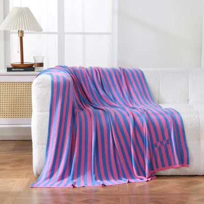 BOV Cooling Knit Throw Blanket 50x60, 100% Viscose, Blue Pink Stripe - color: Fuchsia & Azure