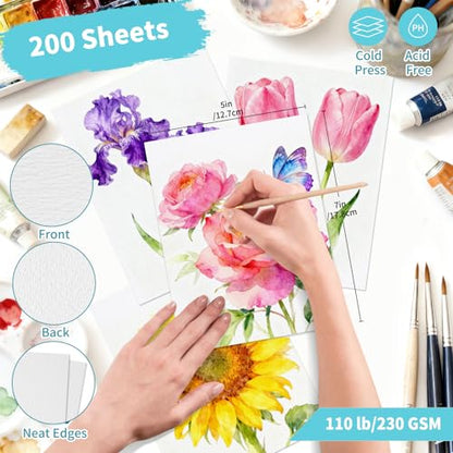 OSIMIG 200 Sheets 5x7” Watercolor Paper Bulk,110lb/230gsm Water Color Paper | Cold Press White Thick Water Color Paper Pad, Drawing Painting Paper Bulk, Art Supplies for Kids & Adults