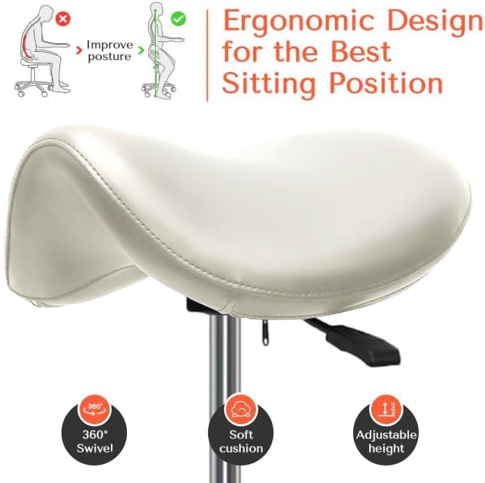 Ergonomic Saddle Chair,Heavy-Duty Rolling Stool with Wheels | 500lbs|Adjustable Height |360° swivel Silent PU casters|For Massage,Salon, barber ,tattoo,Spa ,Drafting,Clinic, Lab, Office - color: White