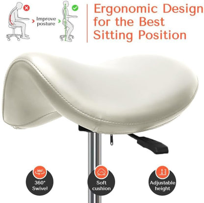 Ergonomic Saddle Chair,Heavy-Duty Rolling Stool with Wheels | 500lbs|Adjustable Height |360° swivel Silent PU casters|For Massage,Salon, barber ,tattoo,Spa ,Drafting,Clinic, Lab, Office - color: White
