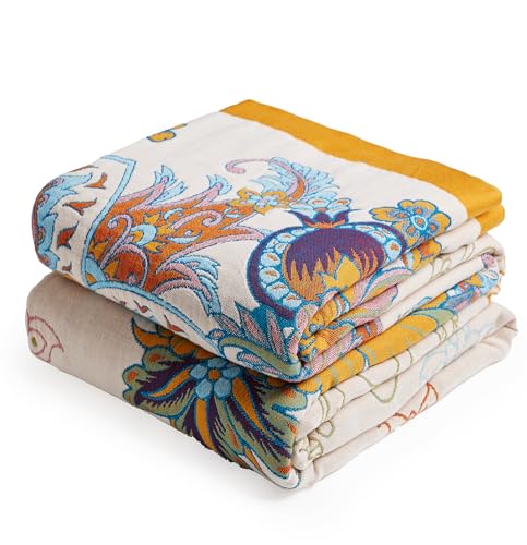 VANJOROY Boho Throw Blanket, 100% Organic Cotton Breathable Skin-Friendly Ultra Soft Bed Quilt Throw - All Season Floral Bird Farmhouse Décor Luxury Blanket for Sofa Couch Chair and Gift. 50" x 60" - color: Boho Flower B, size: Throw (50" X 60")