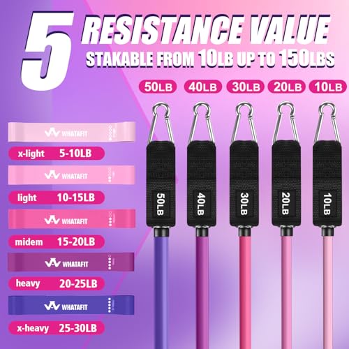 WHATAFIT Resistance Bands with Handles, 5-Level Exercise Bands for Workout - color: Pink Purple 16PCS